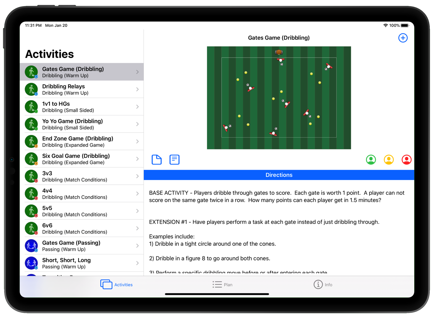 Essential Soccer Activities iPad screenshot showing an activity list and field diagram