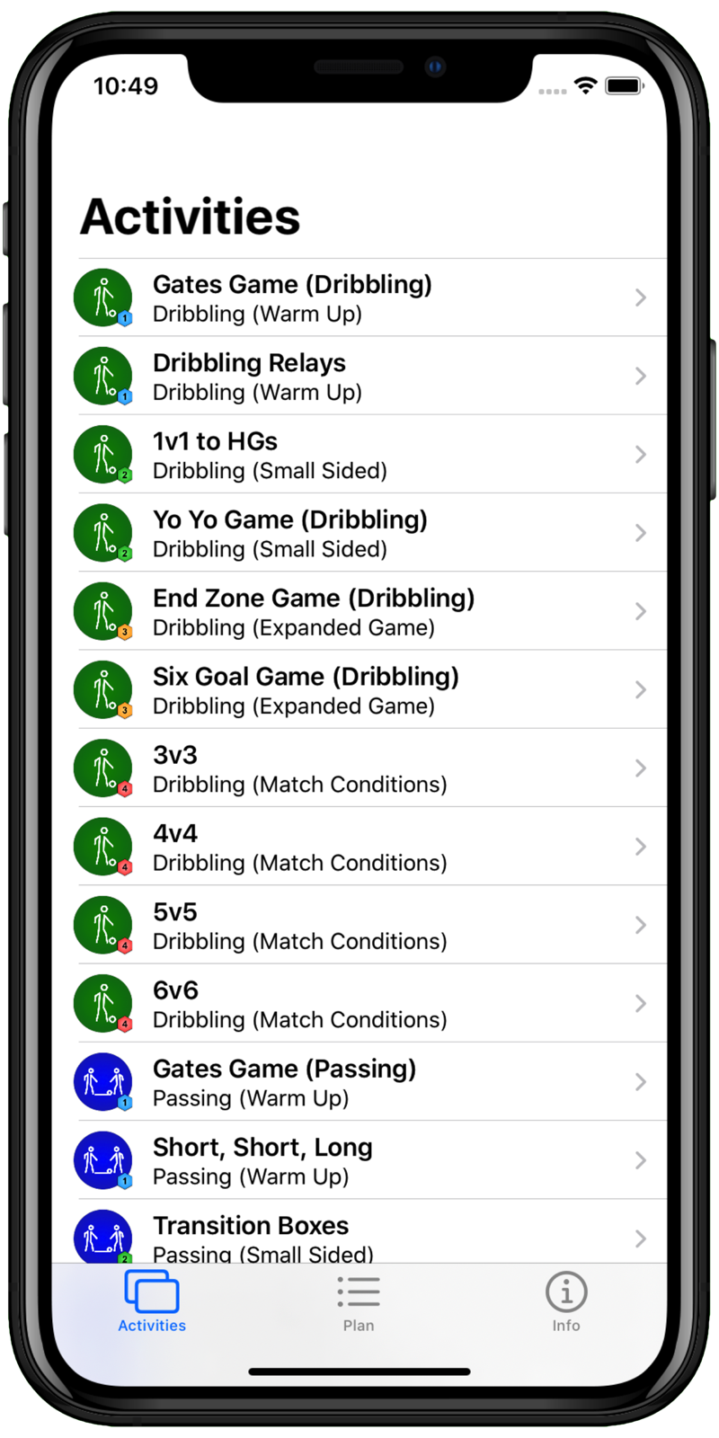Essential Soccer Activities iPhone screenshot showing the activity list